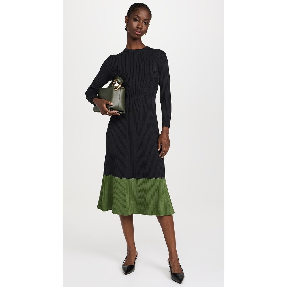Shoshanna Women's Black Green Ribbed Long Sleeve Midi Sweater Dress Quiet Luxury